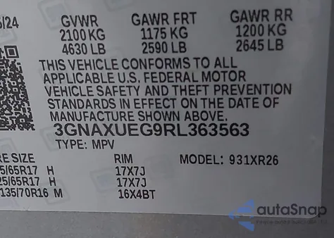 2024 Chevrolet Equinox Awd Lt из США, поврежденный, VIN 3GNAXUEG9RL363563